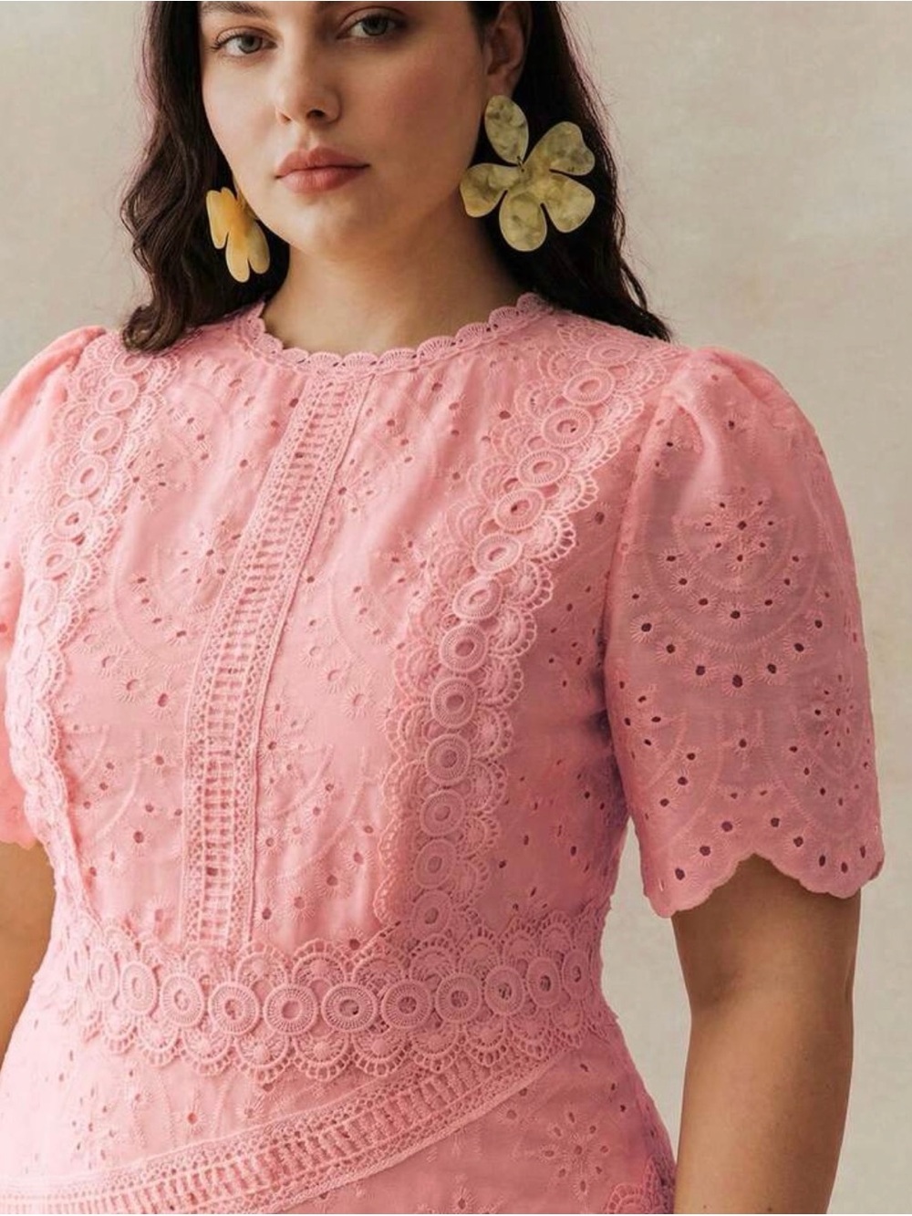 Women's Pink Eyelet Lace Midi Dress with Puff Sleeves